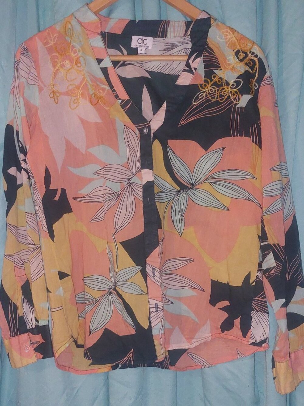 Chic Connection Cotton Tropical Floral Embroidered Button‎ Blouse Small